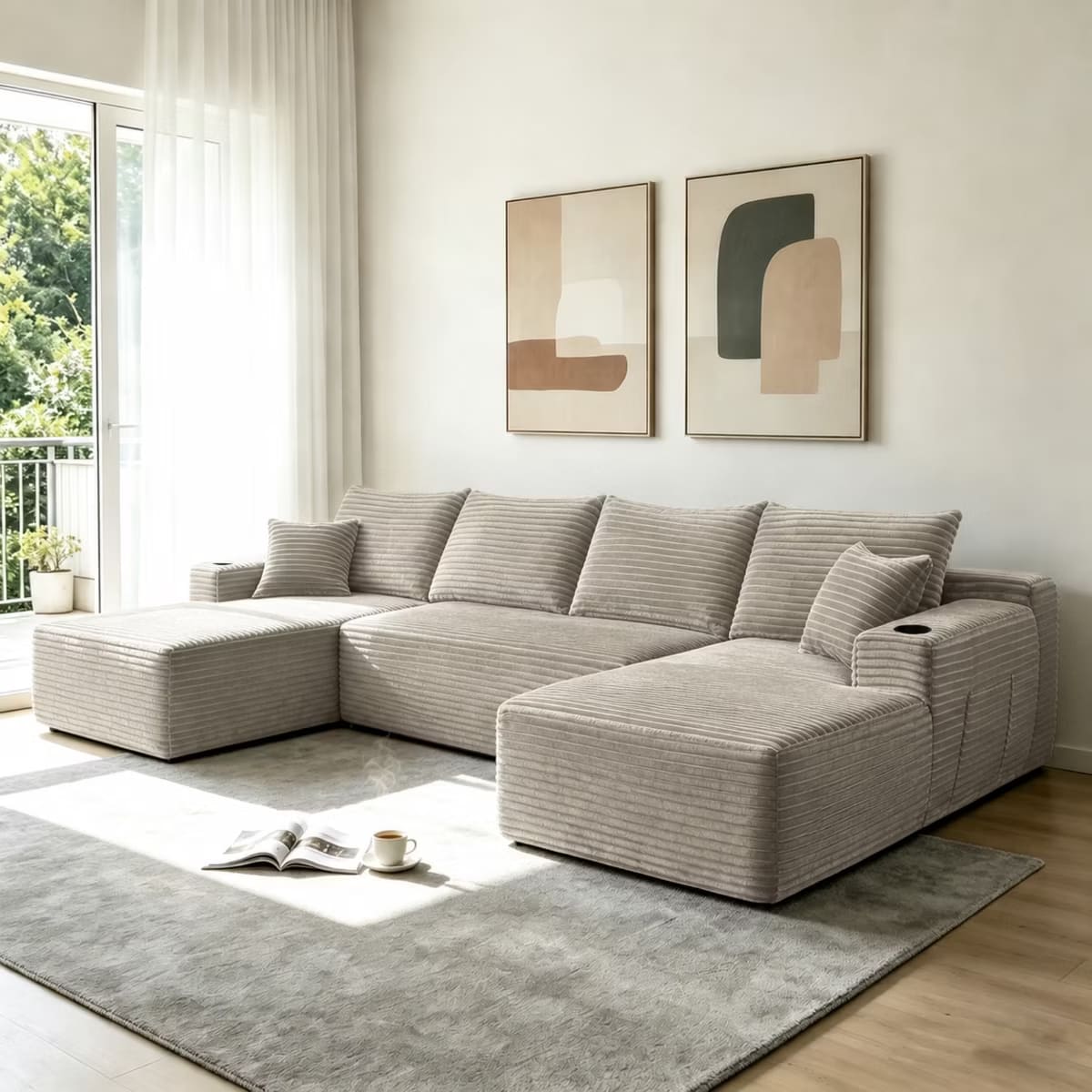 U-Shape Sectional Sofa with Deep Seats, Cup Holders & Storage Pockets