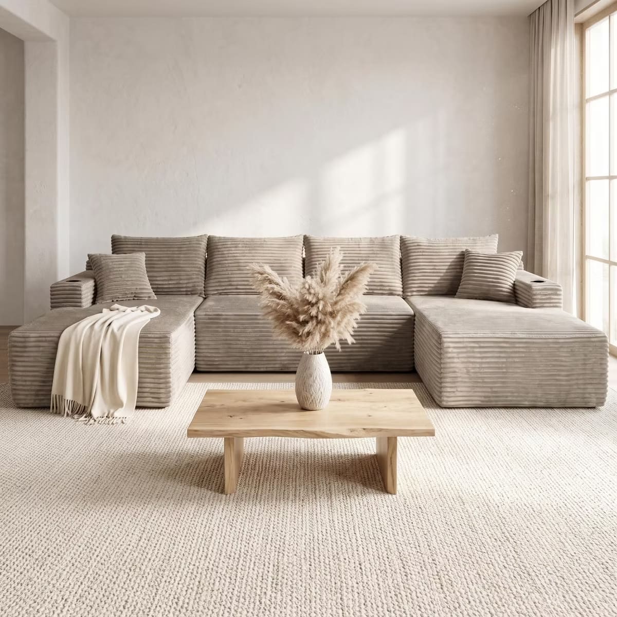 U-Shape Sectional Sofa with Deep Seats, Cup Holders & Storage Pockets