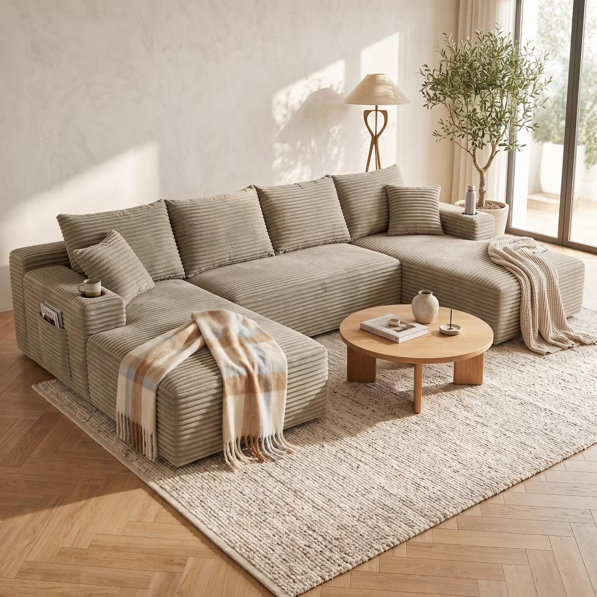 U-Shape Sectional Sofa with Deep Seats, Cup Holders & Storage Pockets