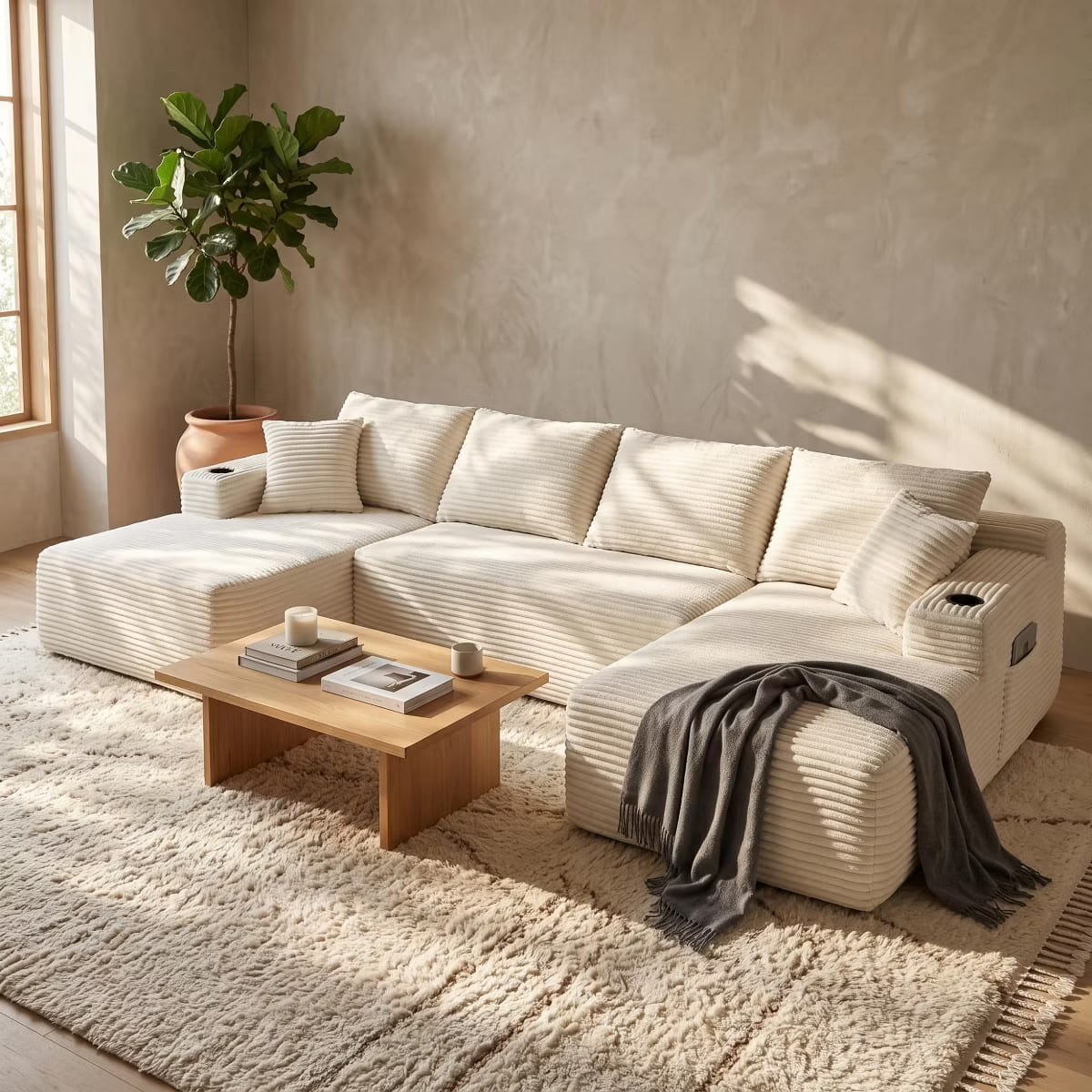U-Shape Sectional Sofa with Deep Seats, Cup Holders & Storage Pockets