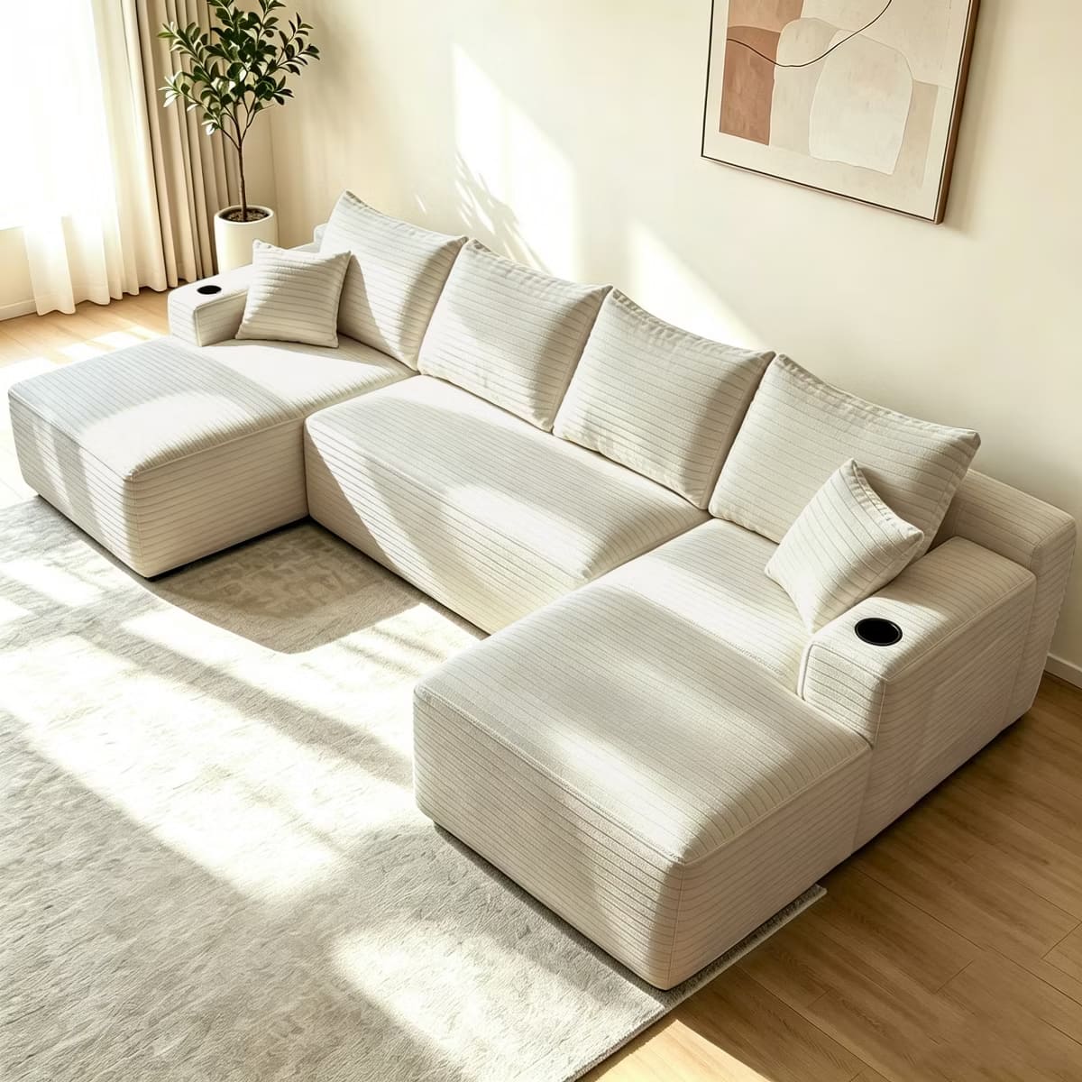 U-Shape Sectional Sofa with Deep Seats, Cup Holders & Storage Pockets