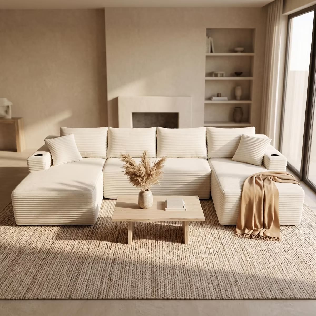 U-Shape Sectional Sofa with Deep Seats, Cup Holders & Storage Pockets