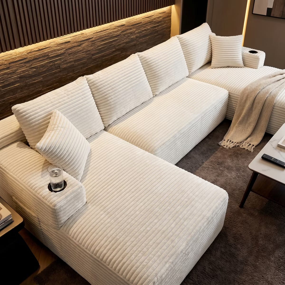 U-Shape Sectional Sofa with Deep Seats, Cup Holders & Storage Pockets