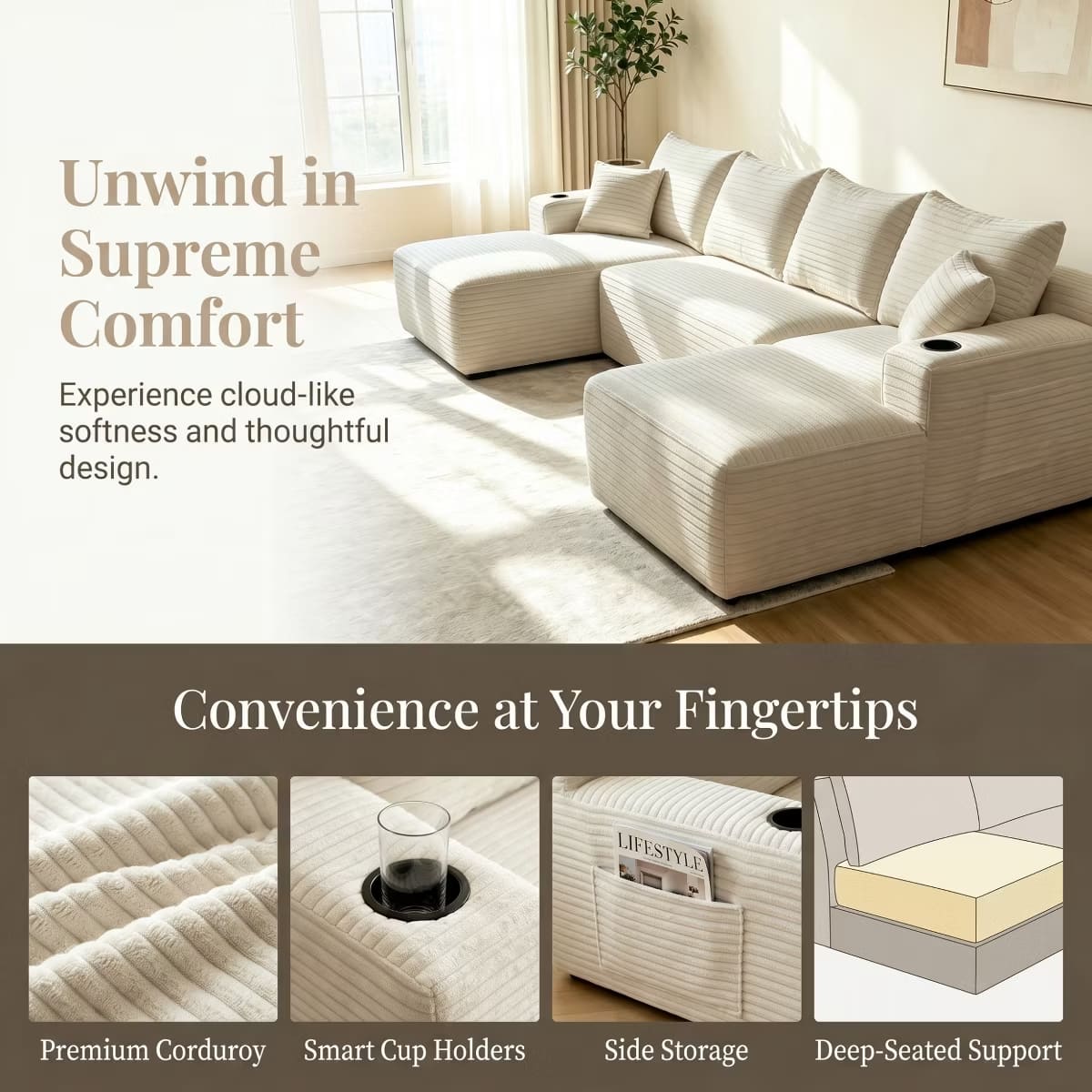 U-Shape Sectional Sofa with Deep Seats, Cup Holders & Storage Pockets