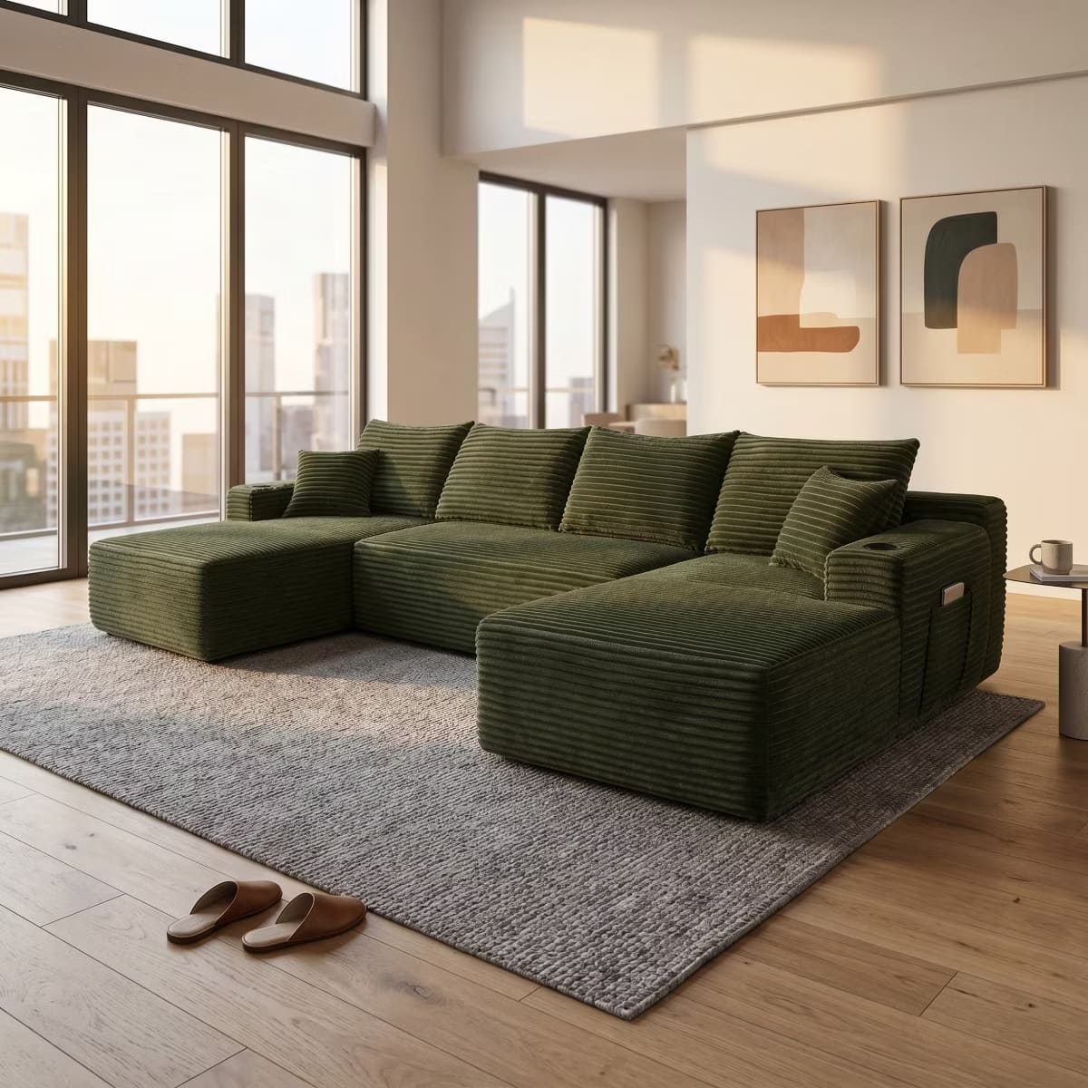 U-Shape Sectional Sofa with Deep Seats, Cup Holders & Storage Pockets