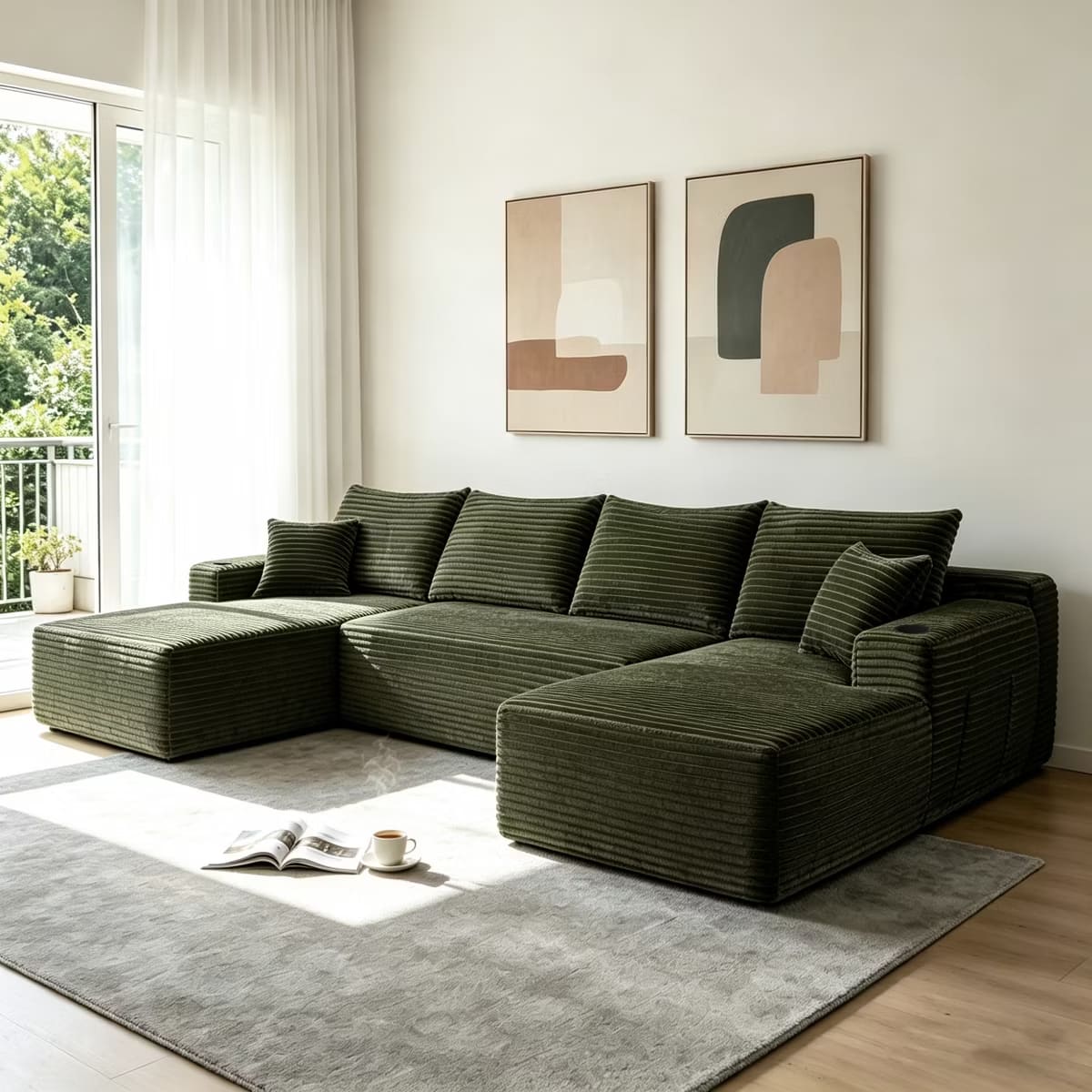 U-Shape Sectional Sofa with Deep Seats, Cup Holders & Storage Pockets