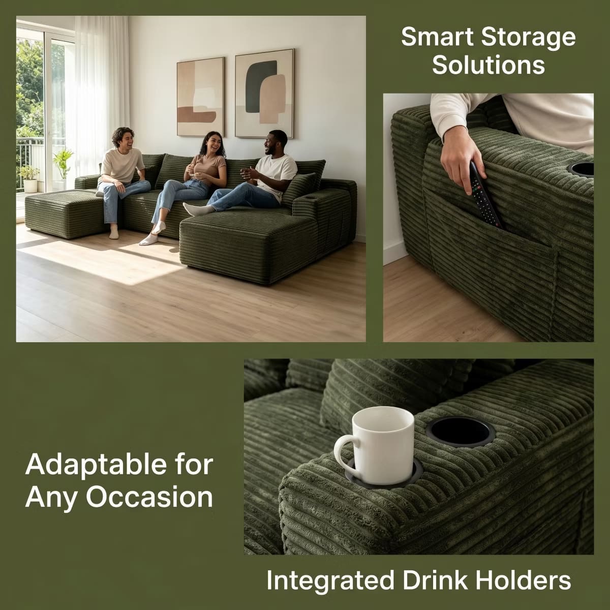 U-Shape Sectional Sofa with Deep Seats, Cup Holders & Storage Pockets