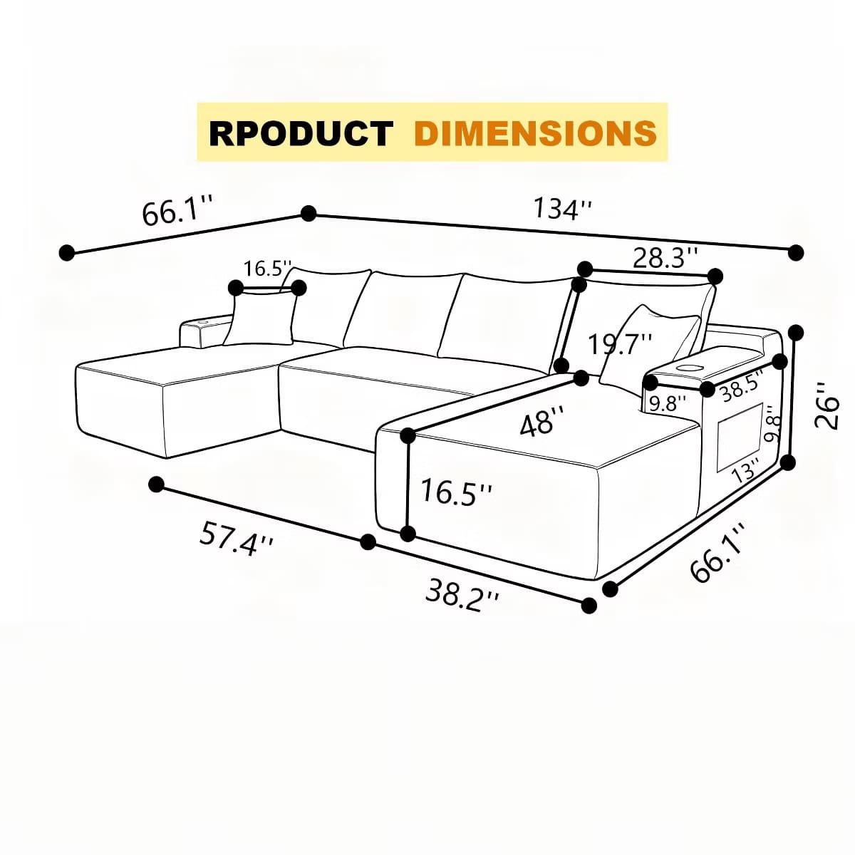 U-Shape Sectional Sofa with Deep Seats, Cup Holders & Storage Pockets