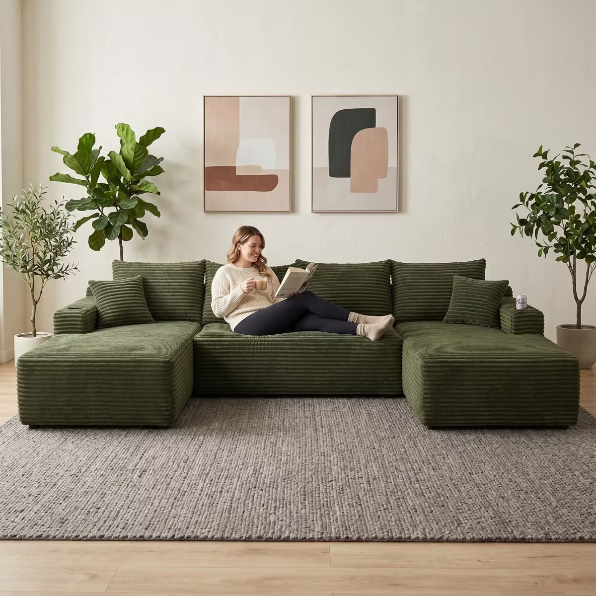 U-Shape Sectional Sofa with Deep Seats, Cup Holders & Storage Pockets