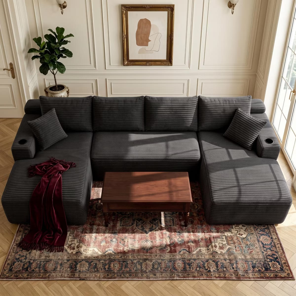 U-Shape Sectional Sofa with Deep Seats, Cup Holders & Storage Pockets