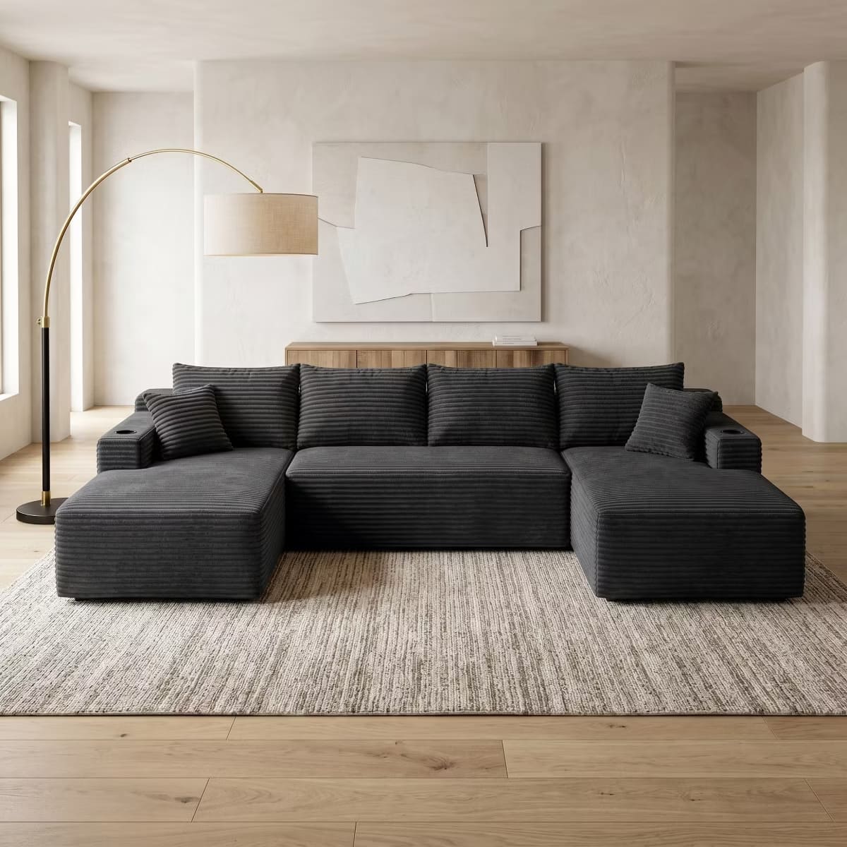 U-Shape Sectional Sofa with Deep Seats, Cup Holders & Storage Pockets