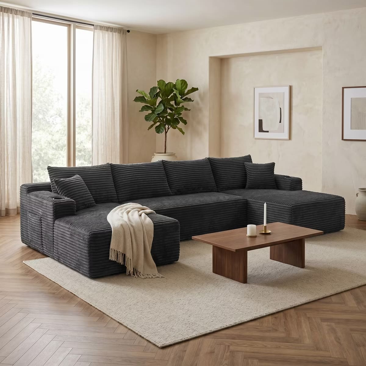 U-Shape Sectional Sofa with Deep Seats, Cup Holders & Storage Pockets