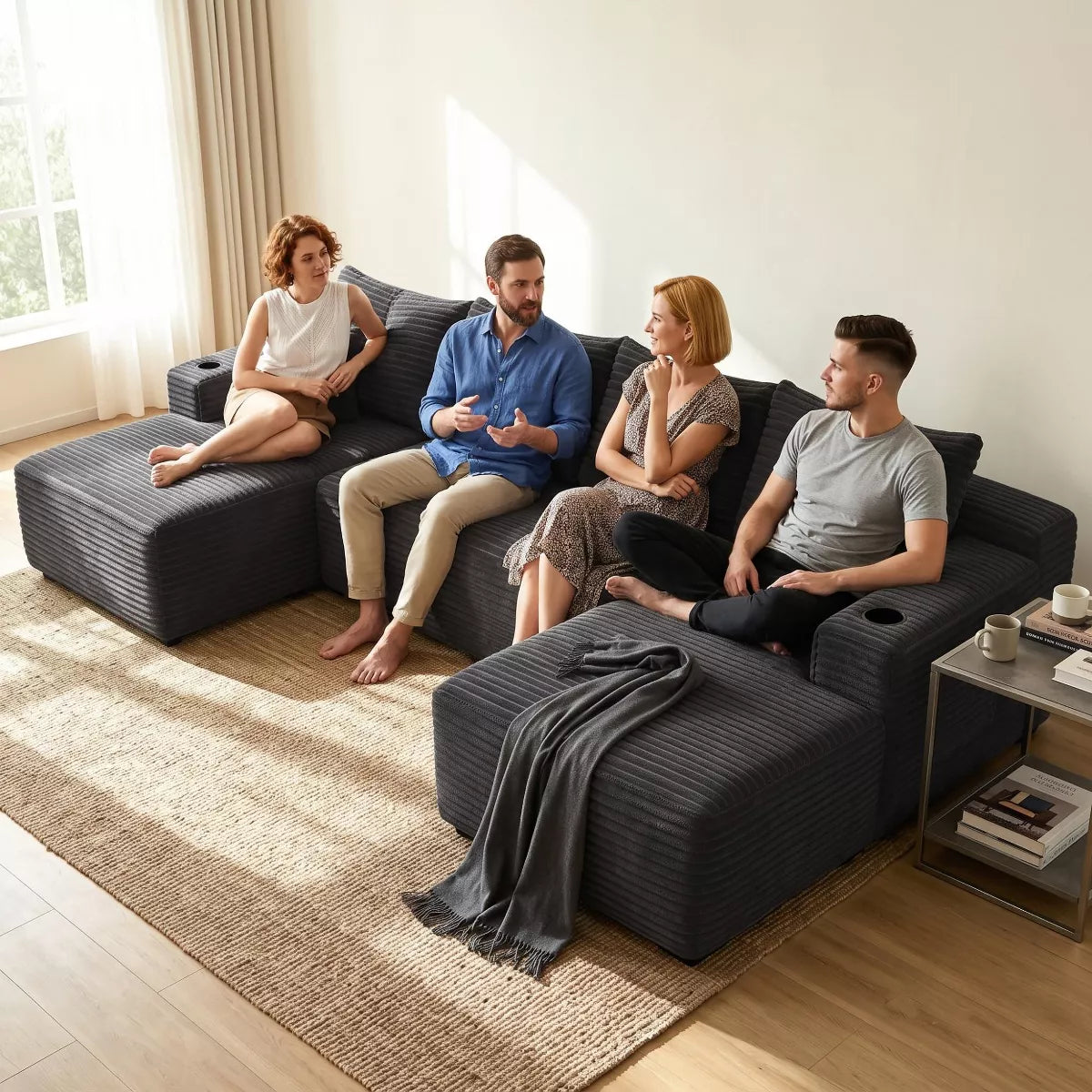U-Shape Sectional Sofa with Deep Seats, Cup Holders & Storage Pockets