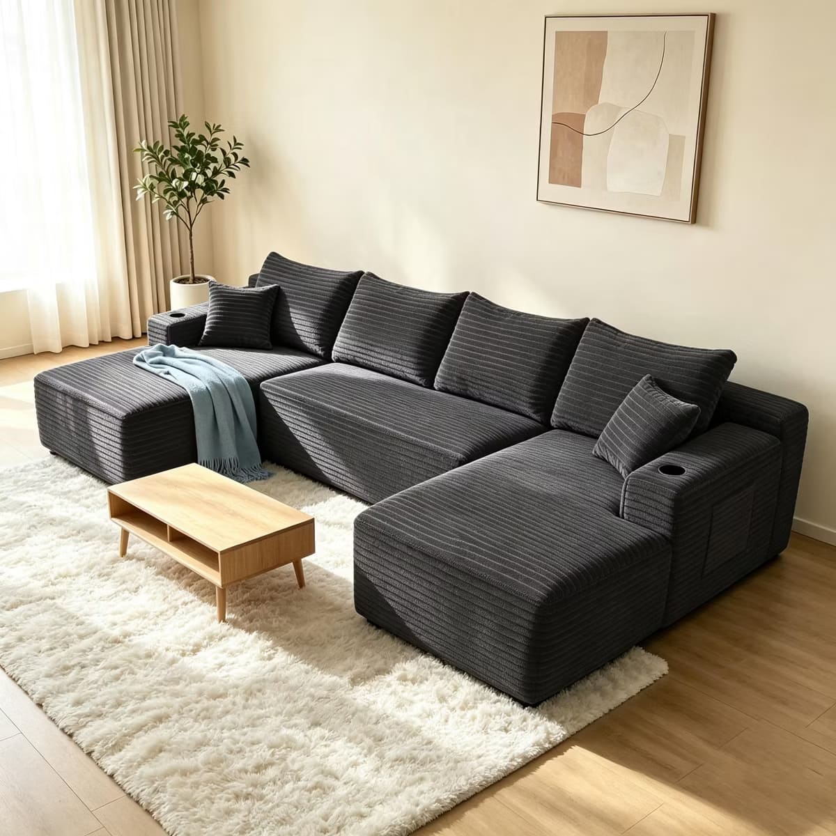 U-Shape Sectional Sofa with Deep Seats, Cup Holders & Storage Pockets