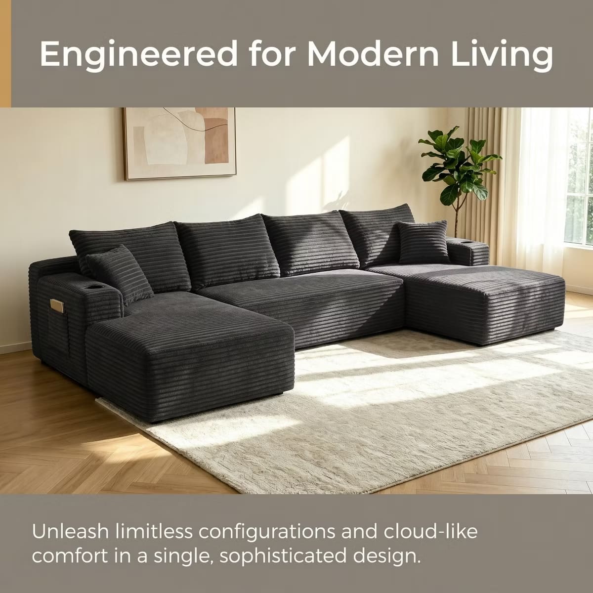 U-Shape Sectional Sofa with Deep Seats, Cup Holders & Storage Pockets
