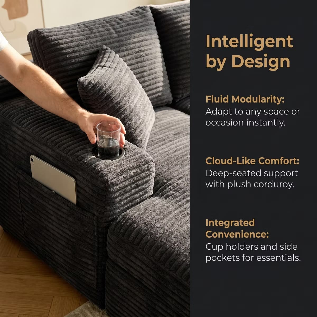 U-Shape Sectional Sofa with Deep Seats, Cup Holders & Storage Pockets