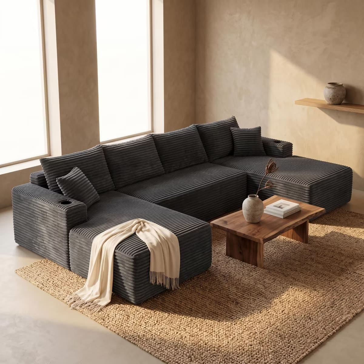U-Shape Sectional Sofa with Deep Seats, Cup Holders & Storage Pockets