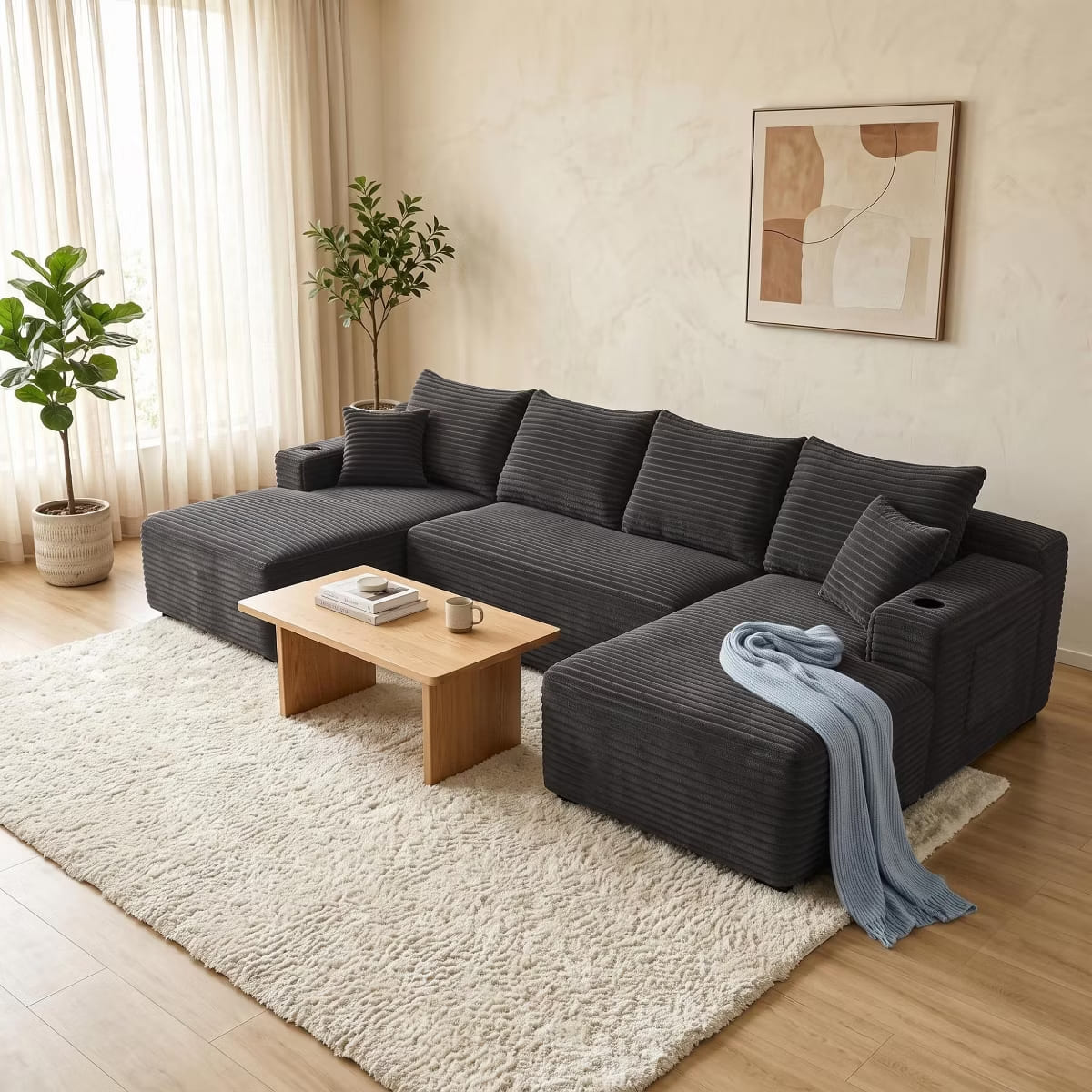 U-Shape Sectional Sofa with Deep Seats, Cup Holders & Storage Pockets