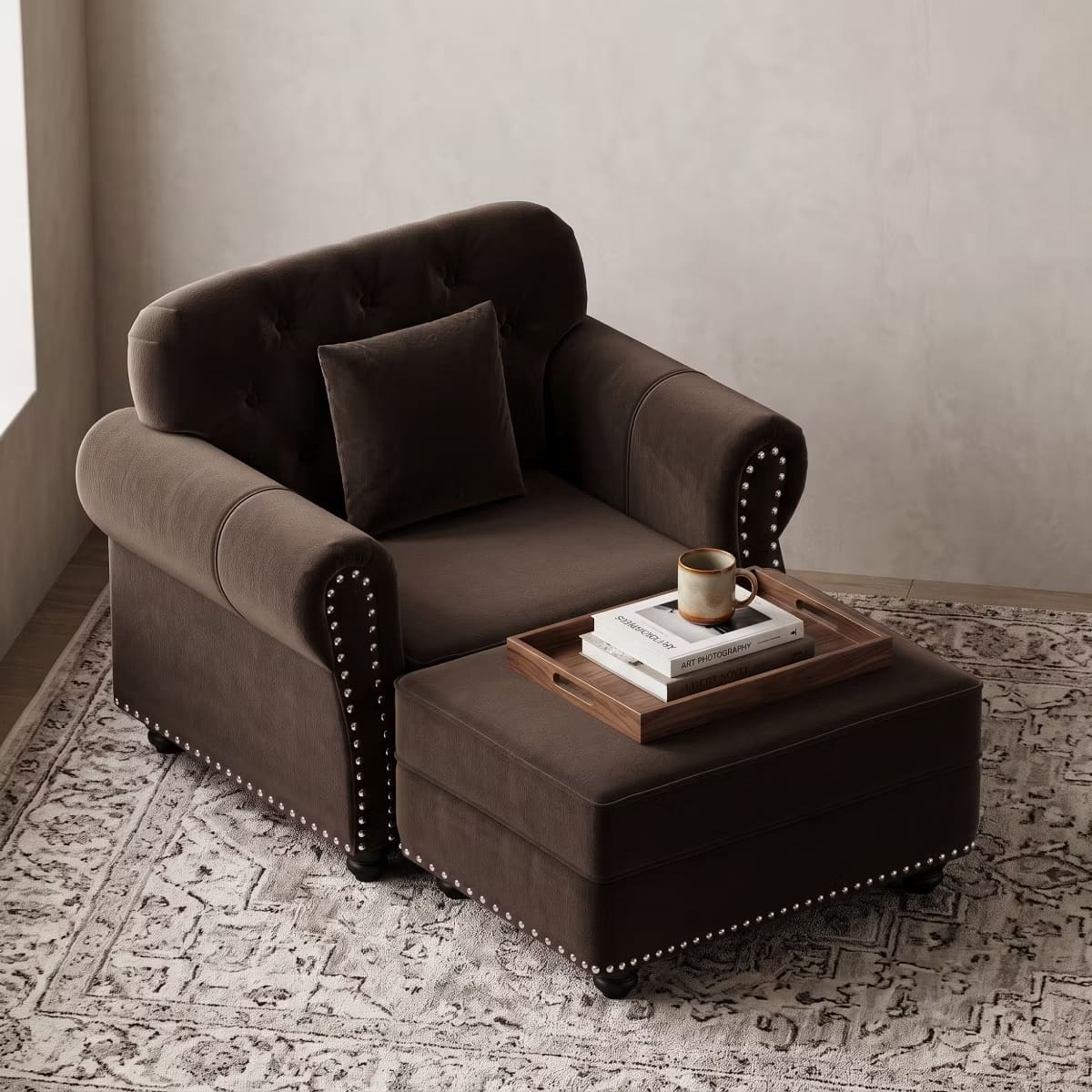 Chesterfield Accent Chair with Ottoman, Velvet Tufting & 300-Lb Support