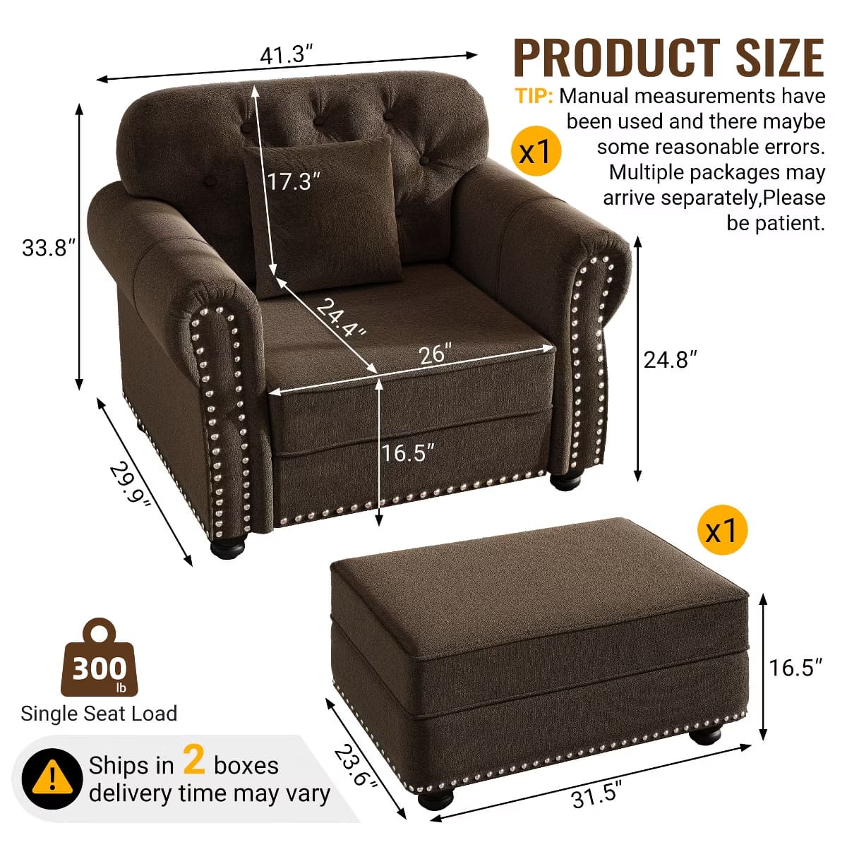Chesterfield Accent Chair with Ottoman, Velvet Tufting & 300-Lb Support