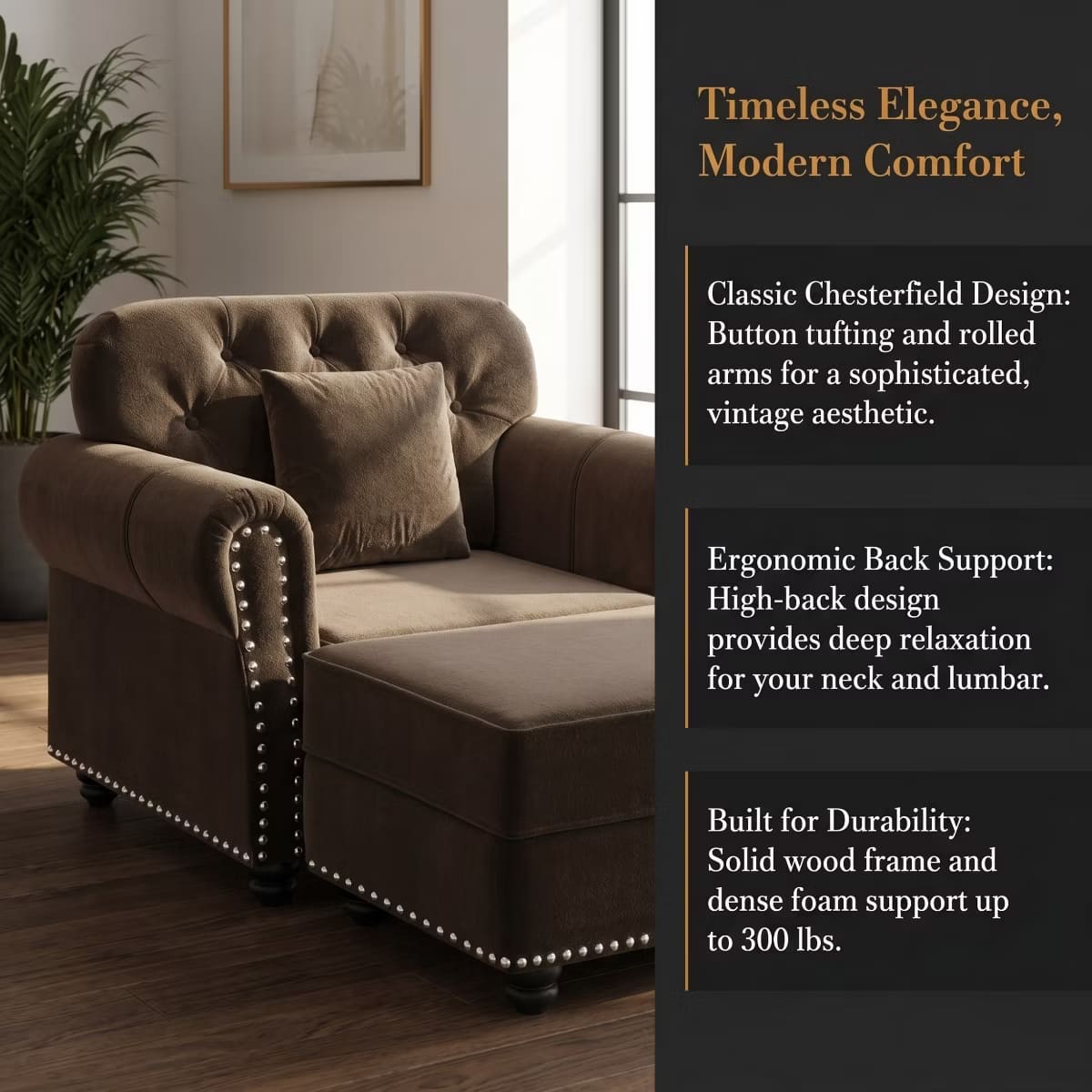 Chesterfield Accent Chair with Ottoman, Velvet Tufting & 300-Lb Support