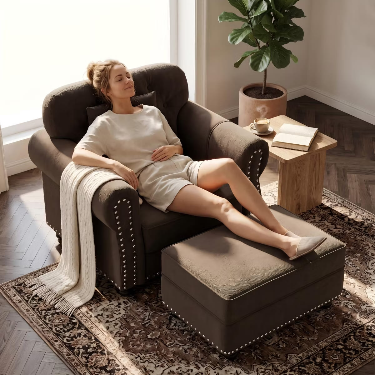 Chesterfield Accent Chair with Ottoman, Velvet Tufting & 300-Lb Support