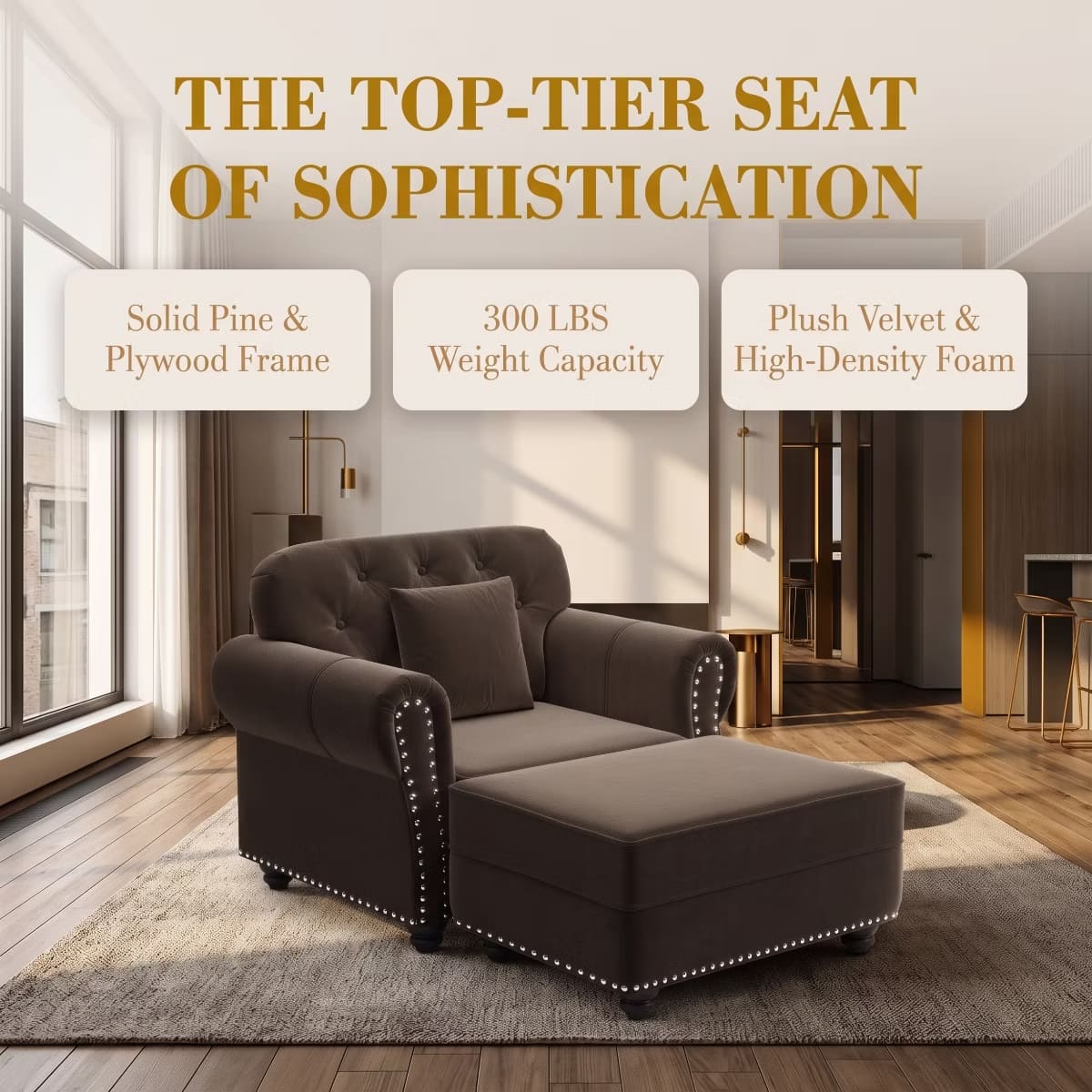 Chesterfield Accent Chair with Ottoman, Velvet Tufting & 300-Lb Support