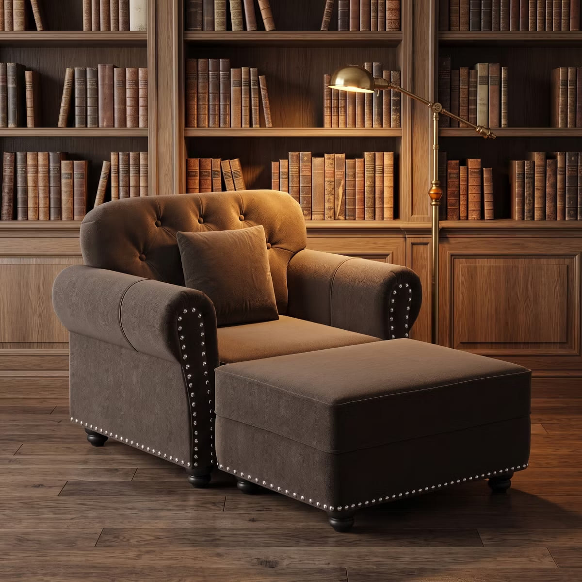 Chesterfield Accent Chair with Ottoman, Velvet Tufting & 300-Lb Support