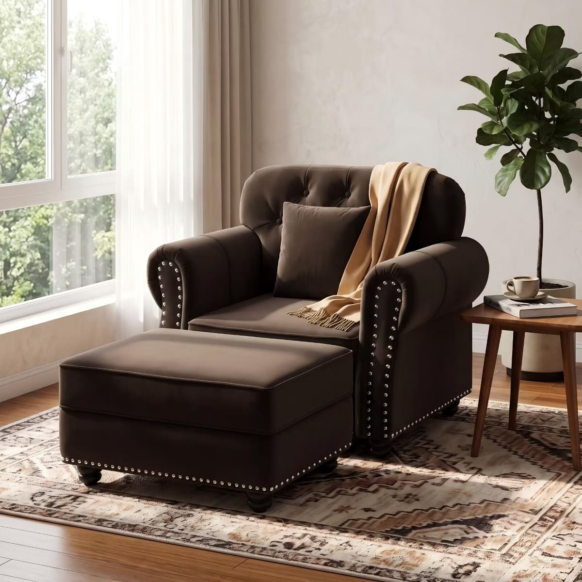 Chesterfield Accent Chair with Ottoman, Velvet Tufting & 300-Lb Support