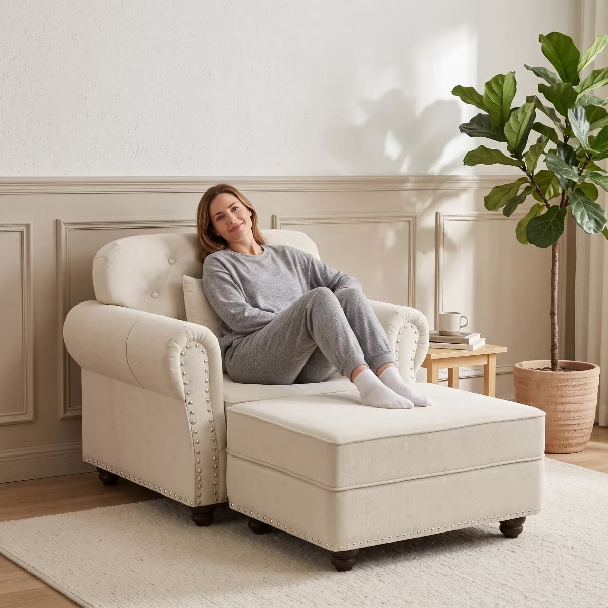 Chesterfield Accent Chair with Ottoman, Velvet Tufting & 300-Lb Support