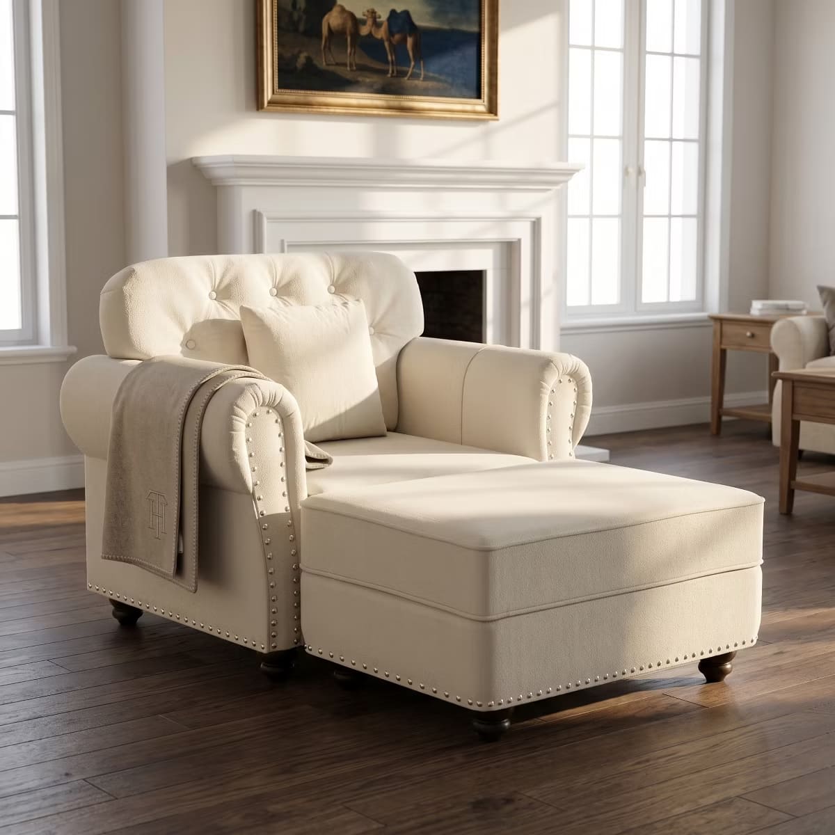 Chesterfield Accent Chair with Ottoman, Velvet Tufting & 300-Lb Support