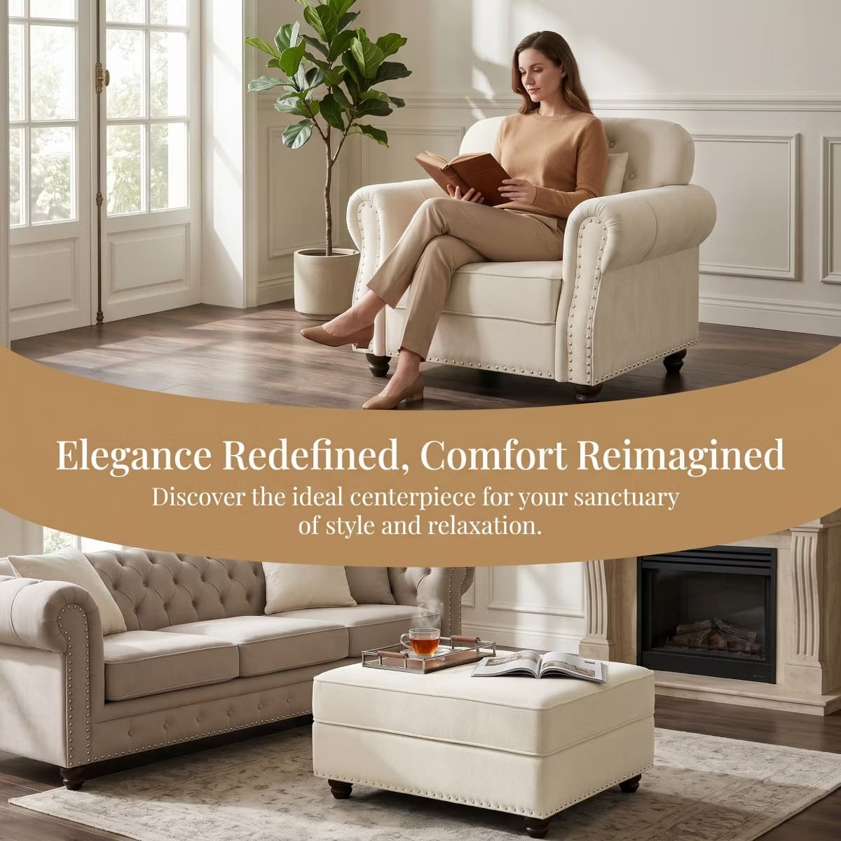Chesterfield Accent Chair with Ottoman, Velvet Tufting & 300-Lb Support