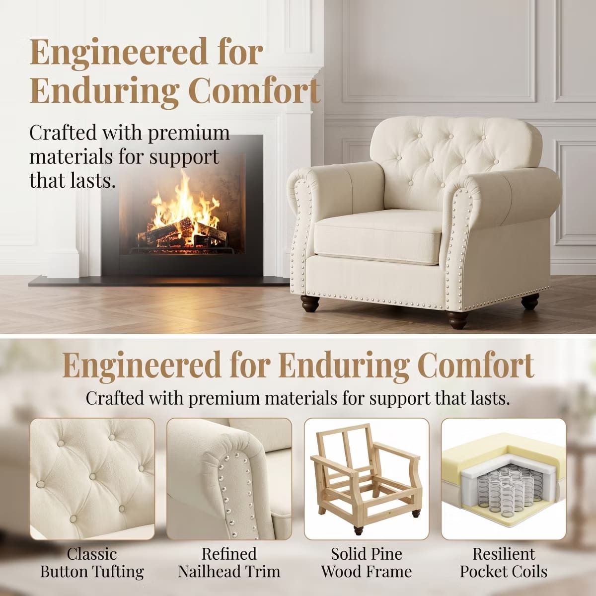 Chesterfield Accent Chair with Ottoman, Velvet Tufting & 300-Lb Support
