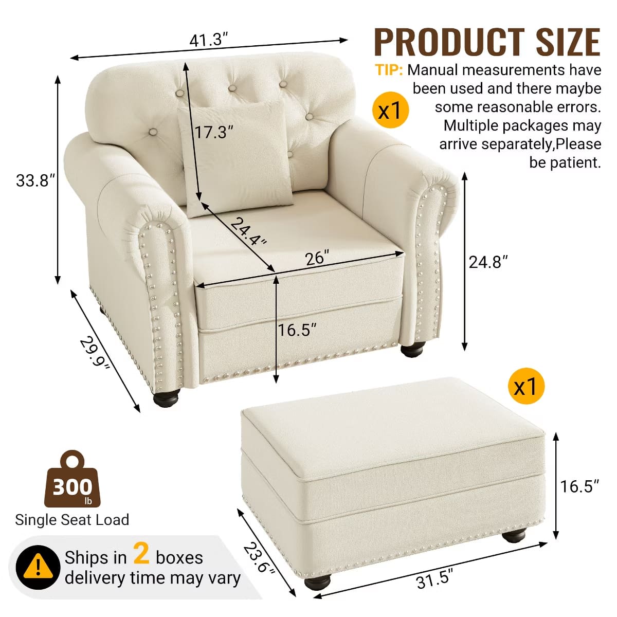 Chesterfield Accent Chair with Ottoman, Velvet Tufting & 300-Lb Support