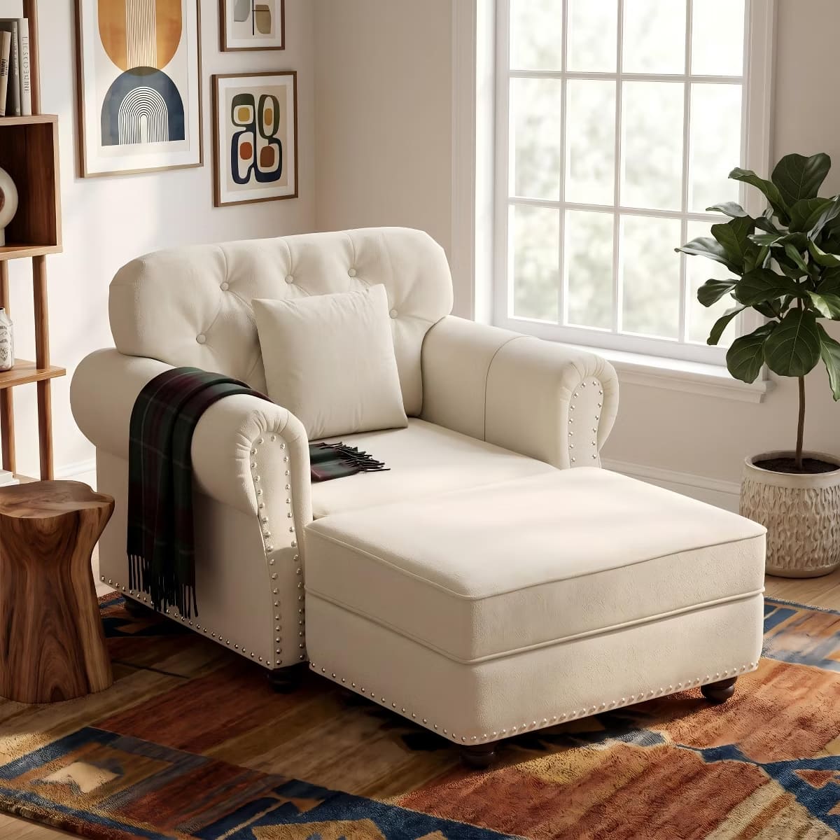 Chesterfield Accent Chair with Ottoman, Velvet Tufting & 300-Lb Support