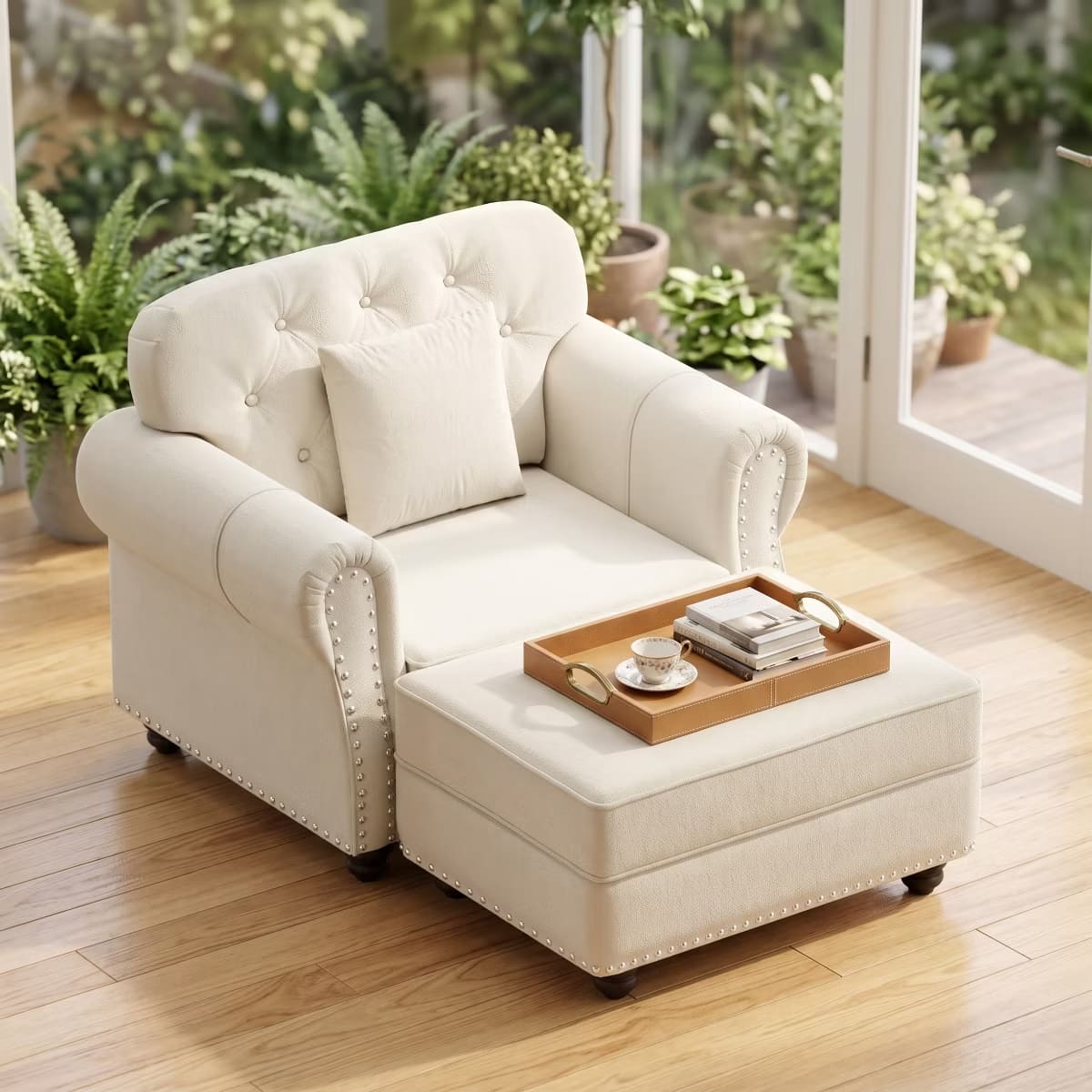 Chesterfield Accent Chair with Ottoman, Velvet Tufting & 300-Lb Support