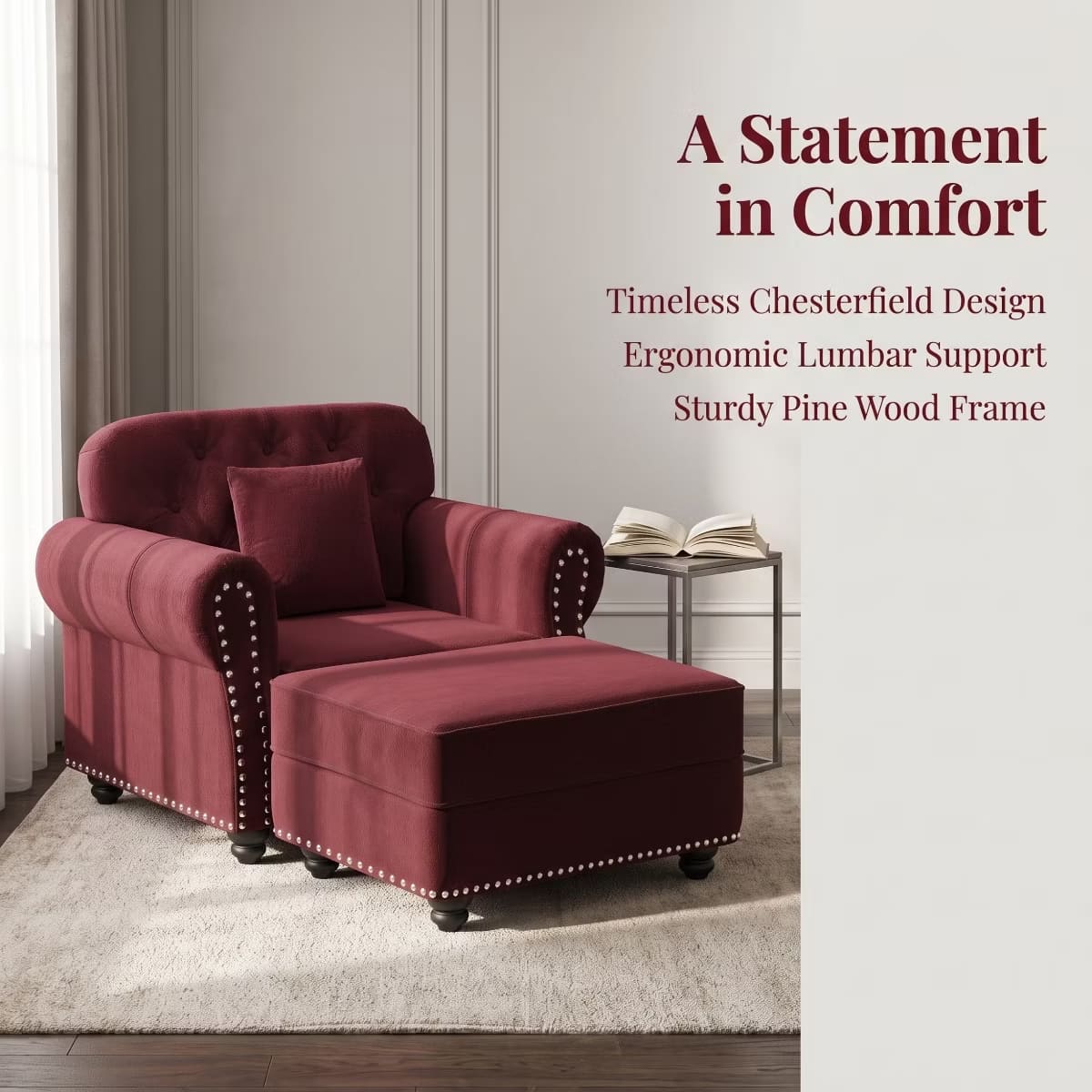 Chesterfield Accent Chair with Ottoman, Velvet Tufting & 300-Lb Support