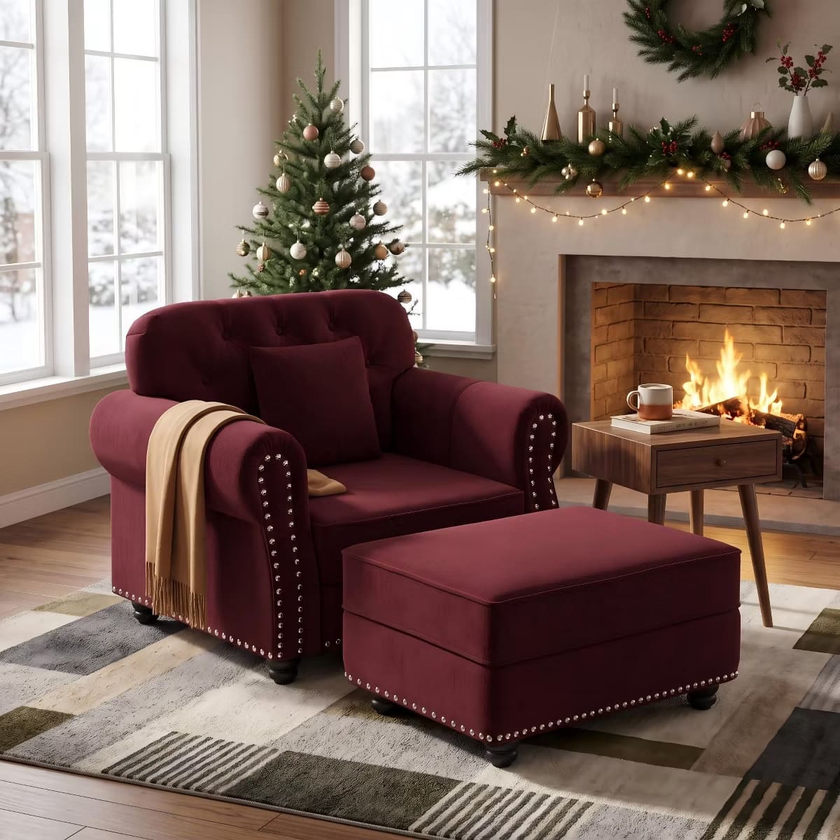 Chesterfield Accent Chair with Ottoman, Velvet Tufting & 300-Lb Support