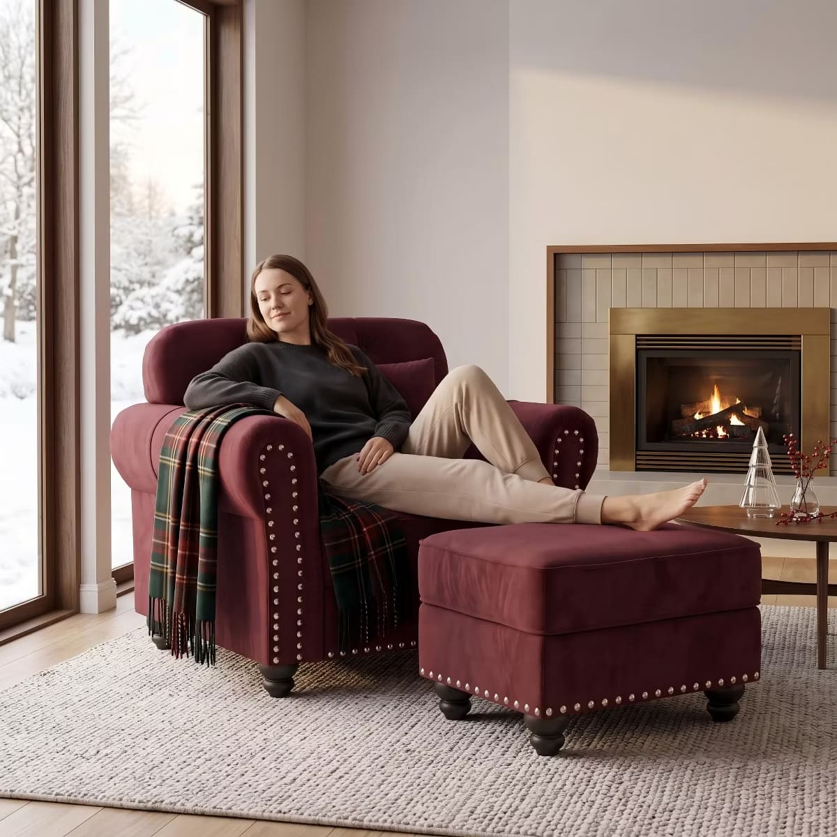 Chesterfield Accent Chair with Ottoman, Velvet Tufting & 300-Lb Support