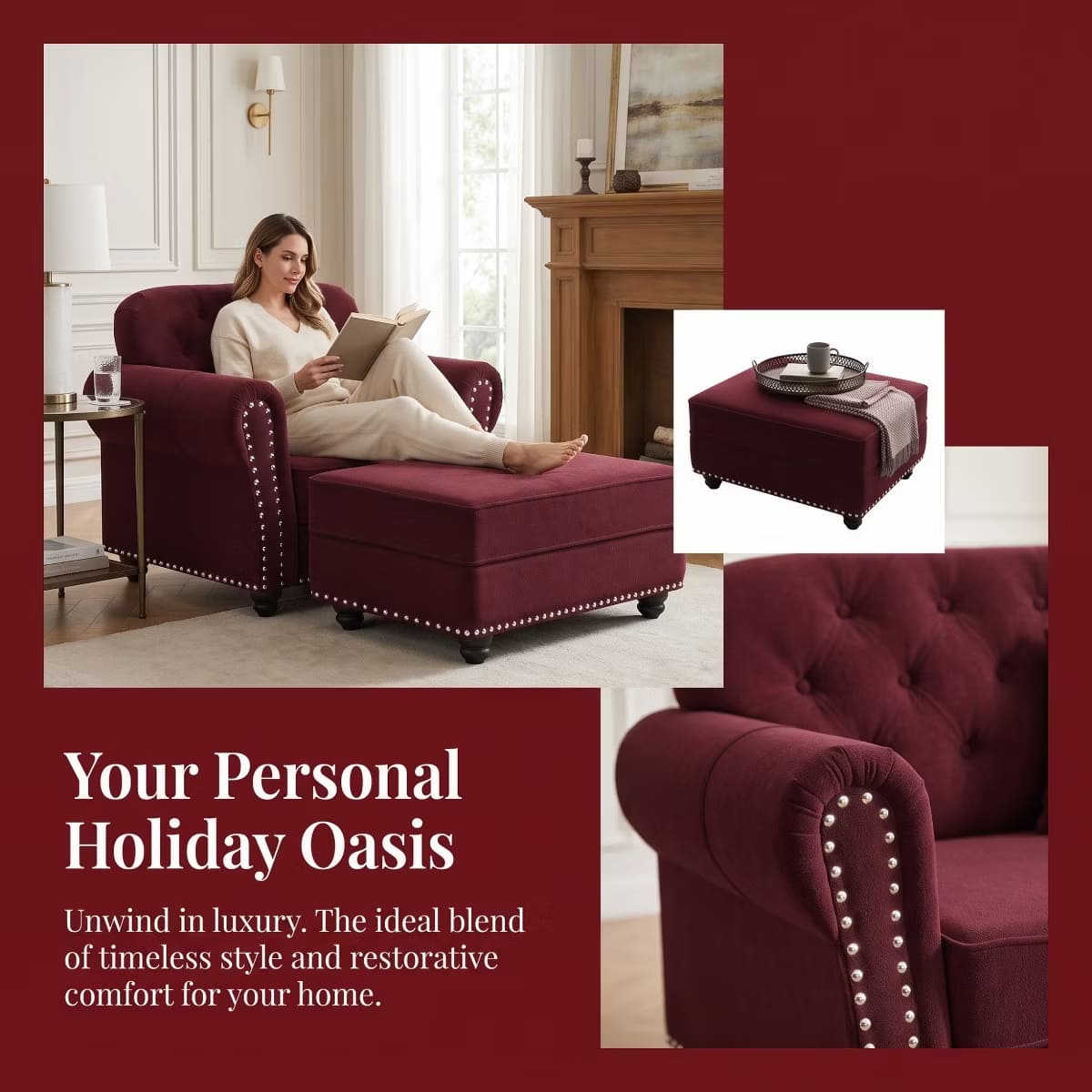 Chesterfield Accent Chair with Ottoman, Velvet Tufting & 300-Lb Support