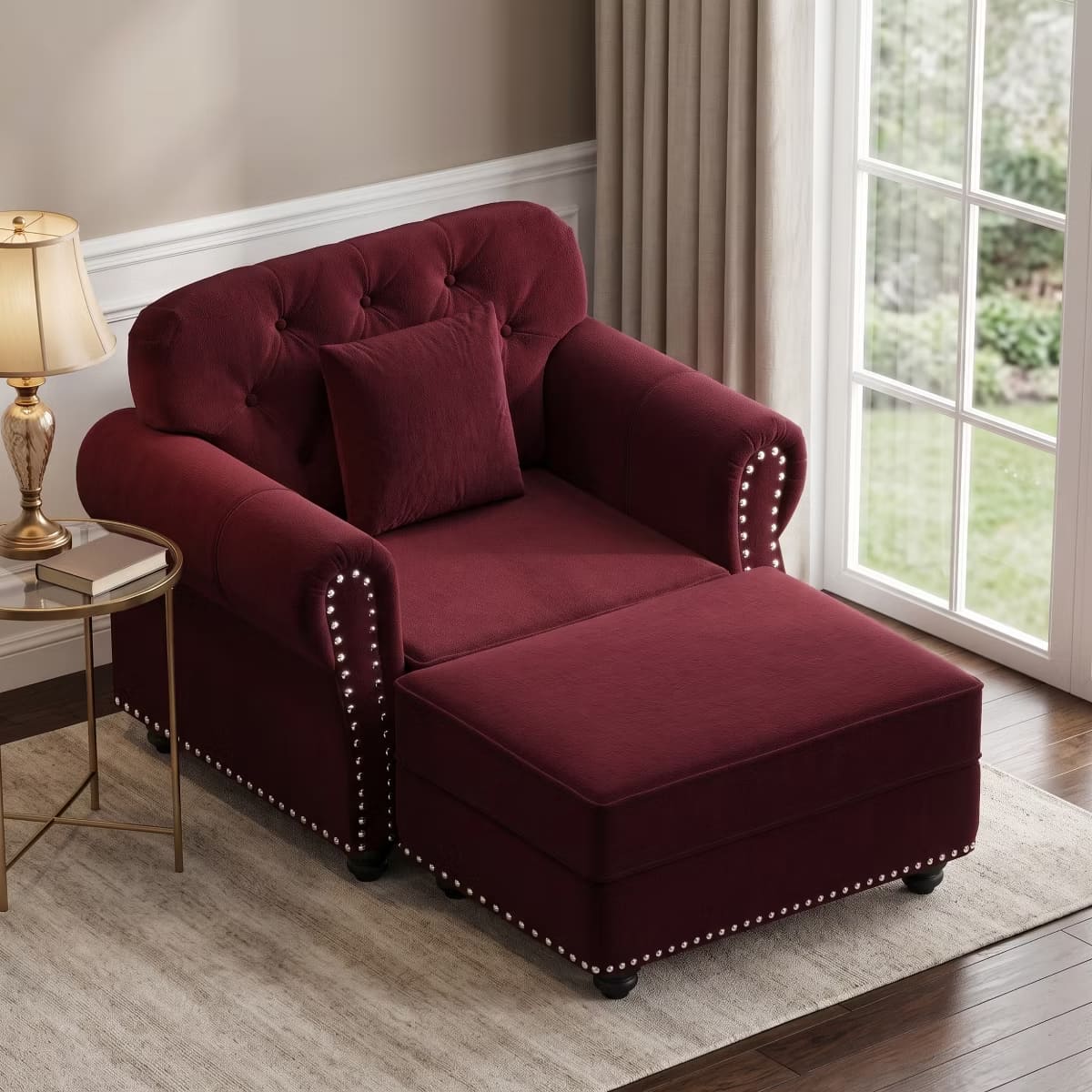 Chesterfield Accent Chair with Ottoman, Velvet Tufting & 300-Lb Support