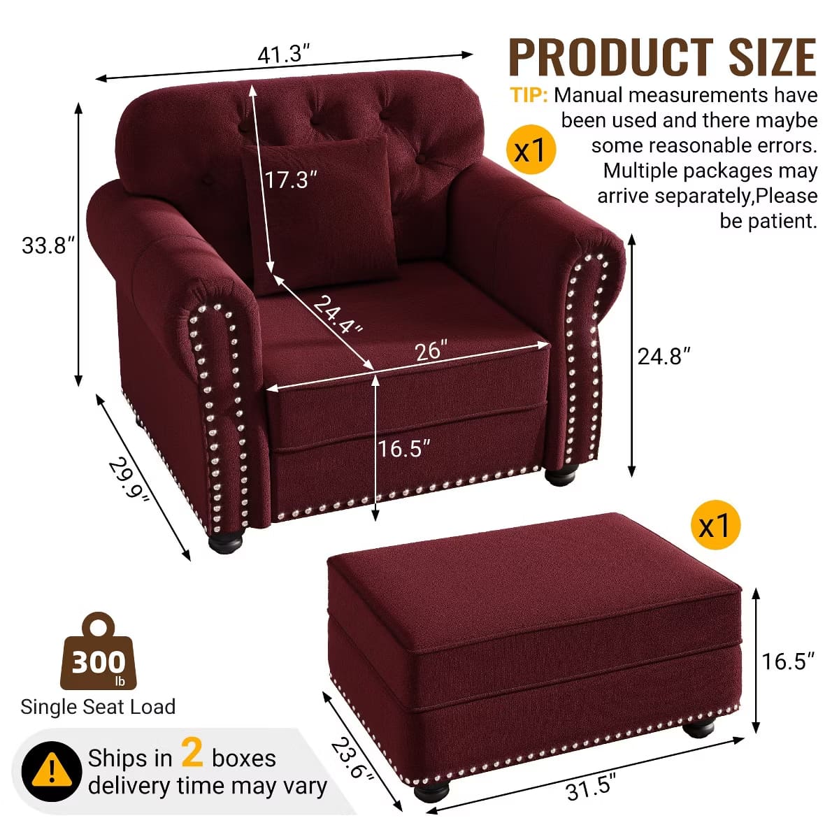 Chesterfield Accent Chair with Ottoman, Velvet Tufting & 300-Lb Support