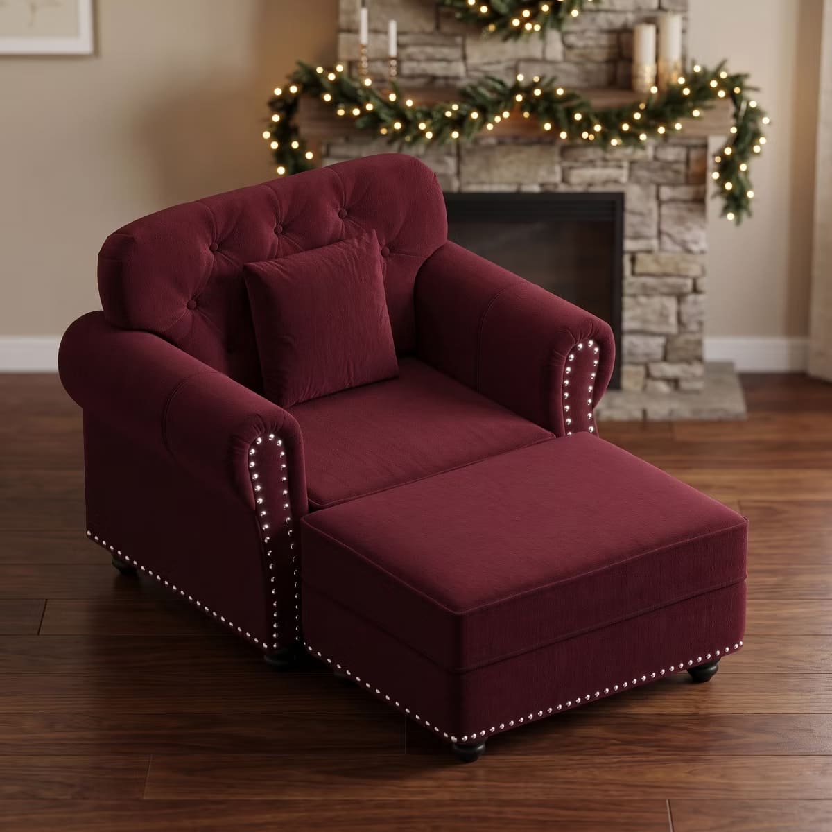 Chesterfield Accent Chair with Ottoman, Velvet Tufting & 300-Lb Support