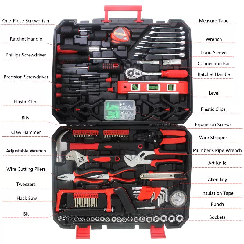 242-Piece Tool Set: Mechanical Hand Kit with Heavy-Duty Plastic Toolbox