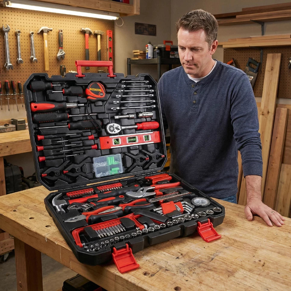 242-Piece Tool Set: Mechanical Hand Kit with Heavy-Duty Plastic Toolbox