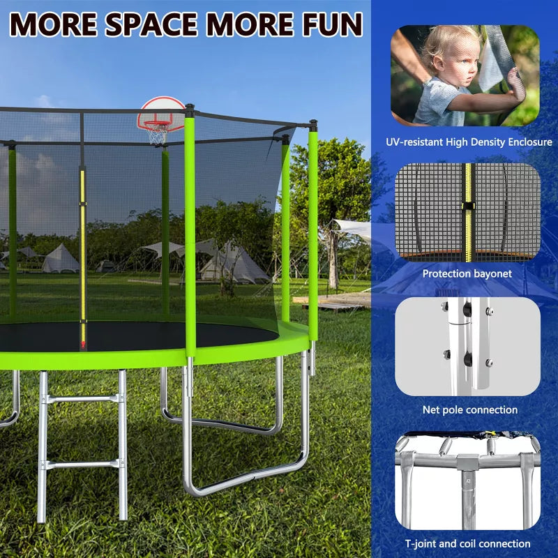 12ft Round Trampoline: Heavy-Duty Backyard Bouncer with Safety Net & Hoop