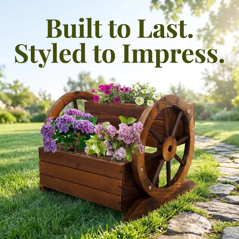 Wooden Wagon Planter Box with 2-Tier Flower Cart Design