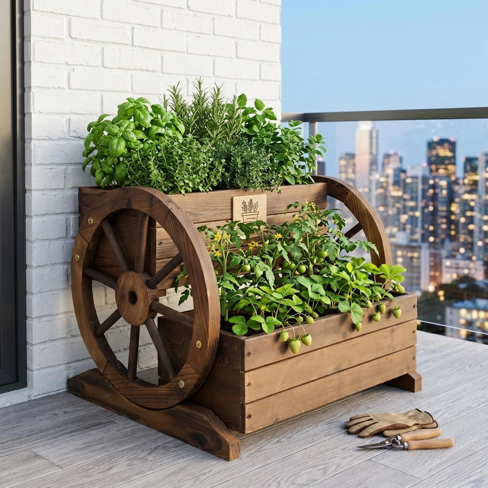 Wooden Wagon Planter Box with 2-Tier Flower Cart Design