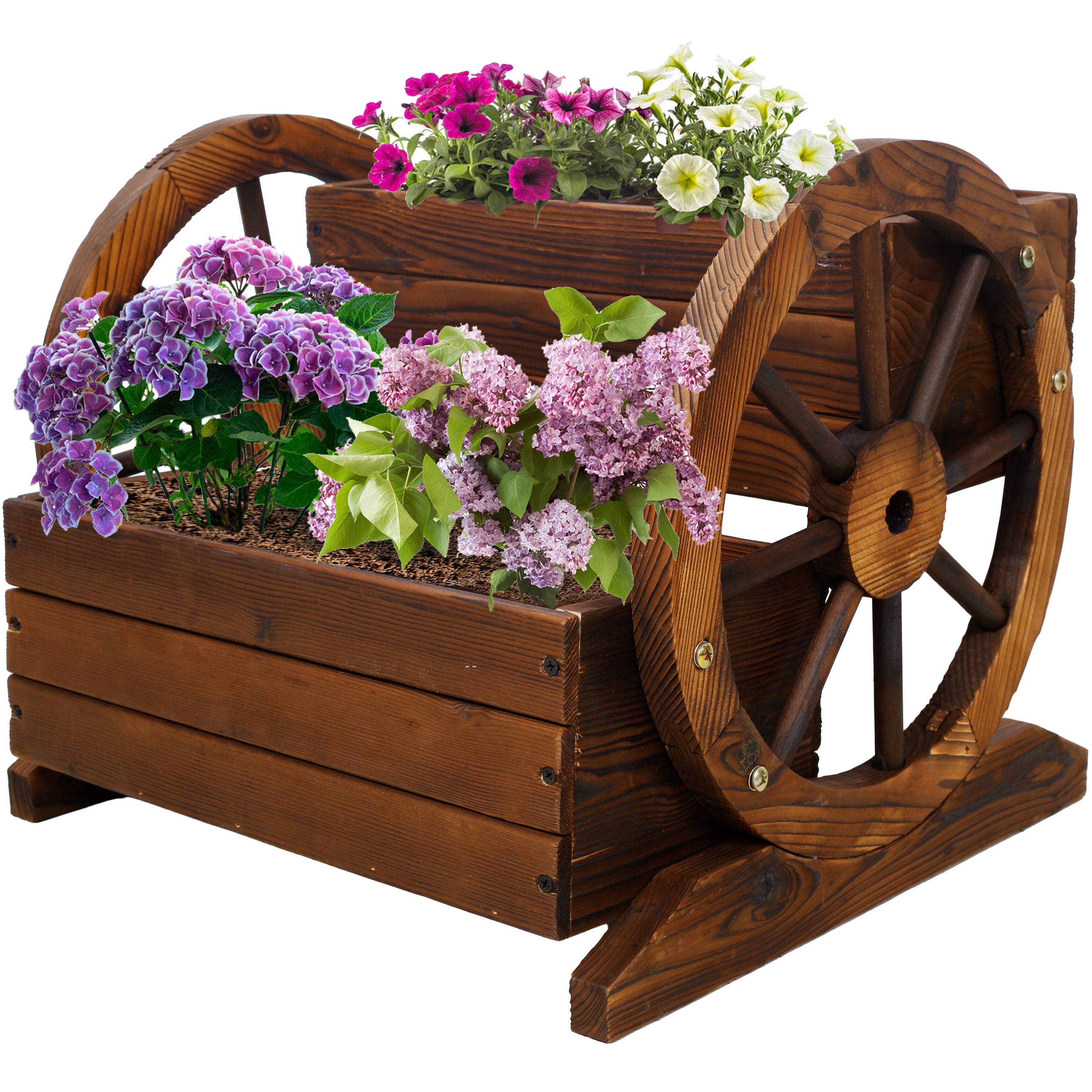 Wooden Wagon Planter Box with 2-Tier Flower Cart Design