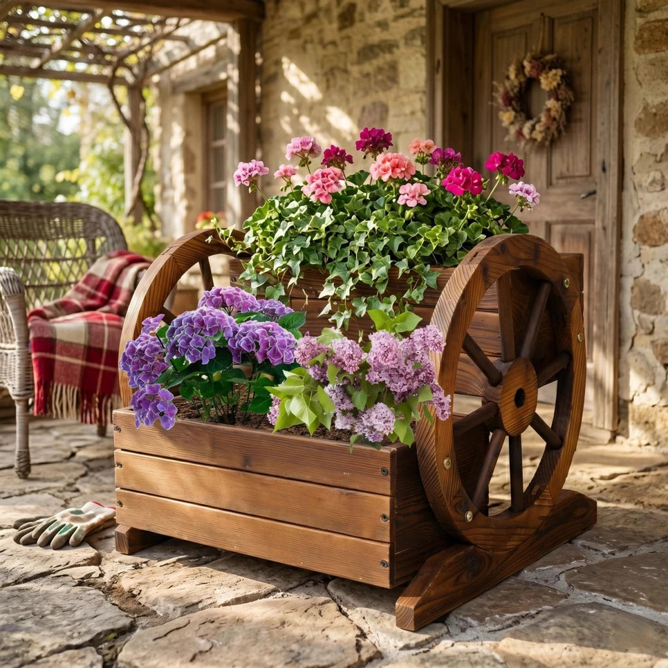 Wooden Wagon Planter Box with 2-Tier Flower Cart Design